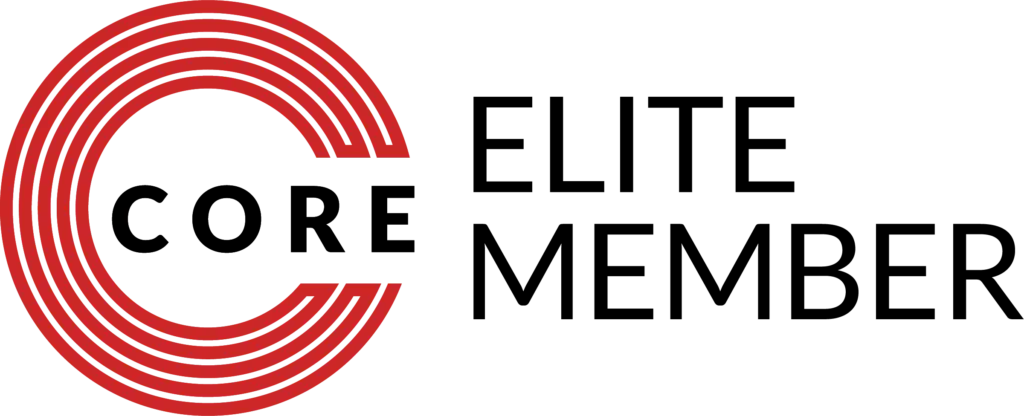 An image with the text 'CORE ELITE MEMBER' and a circular design with red concentric rings