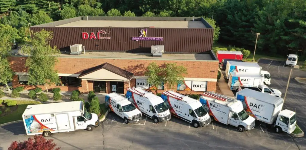 Aerial view of a commercial building with several delivery vans in the parking lot.