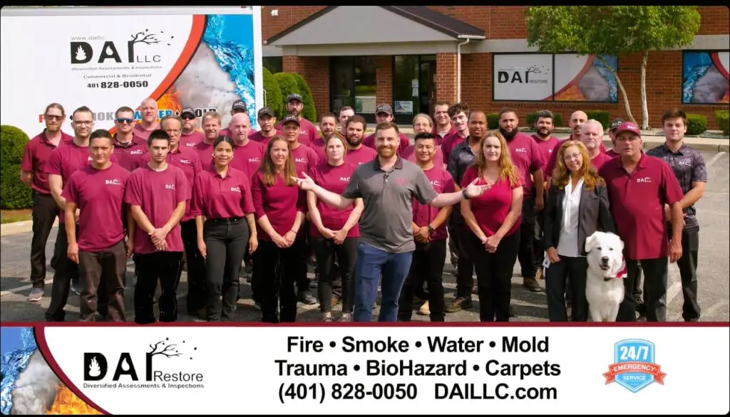 This image is a group photo of the team from 'Diversified Assessments & Inspections' (DAI), a company that provides services related to fire, smoke, water, mold, trauma, biohazard, and carpets. The team members are wearing matching red shirts and posing in front of the company's building.