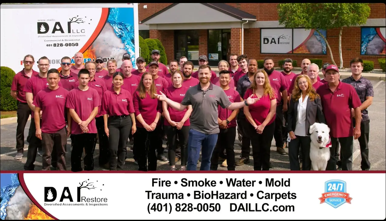 This image is a group photo of the team from 'Diversified Assessments & Inspections' (DAI), a company that provides services related to fire, smoke, water, mold, trauma, biohazard, and carpets. The team members are wearing matching red shirts and posing in front of the company's building.