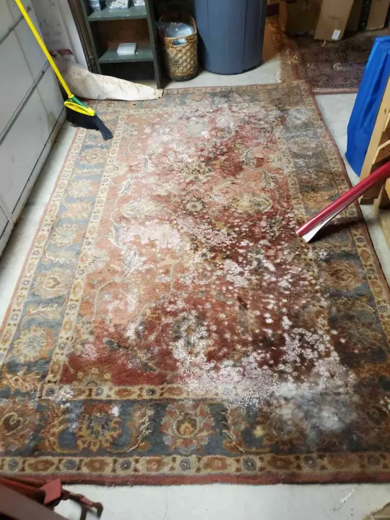 The image shows a heavily soiled and damaged oriental rug or carpet, with significant staining and discoloration across the surface.