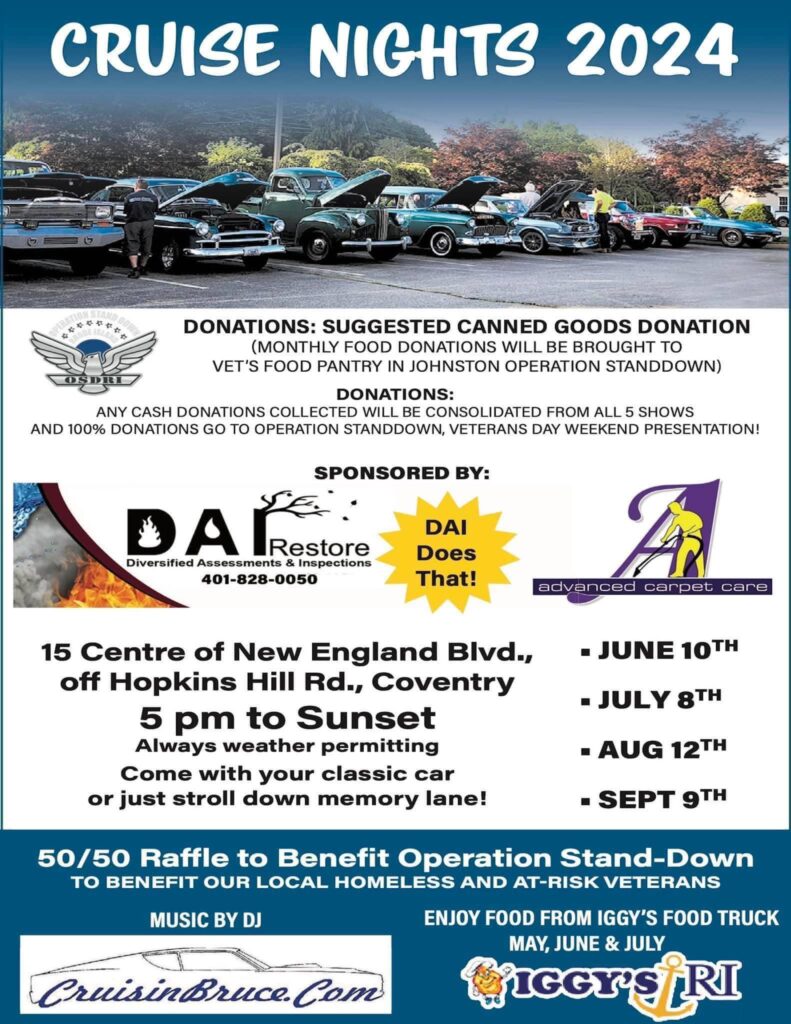 A flyer advertising Cruise Nights 2024, sponsored by DAI Restore and Advanced Carpet Care, a local event hosted in Coventry to benefit local homeless and at-risk veterans.