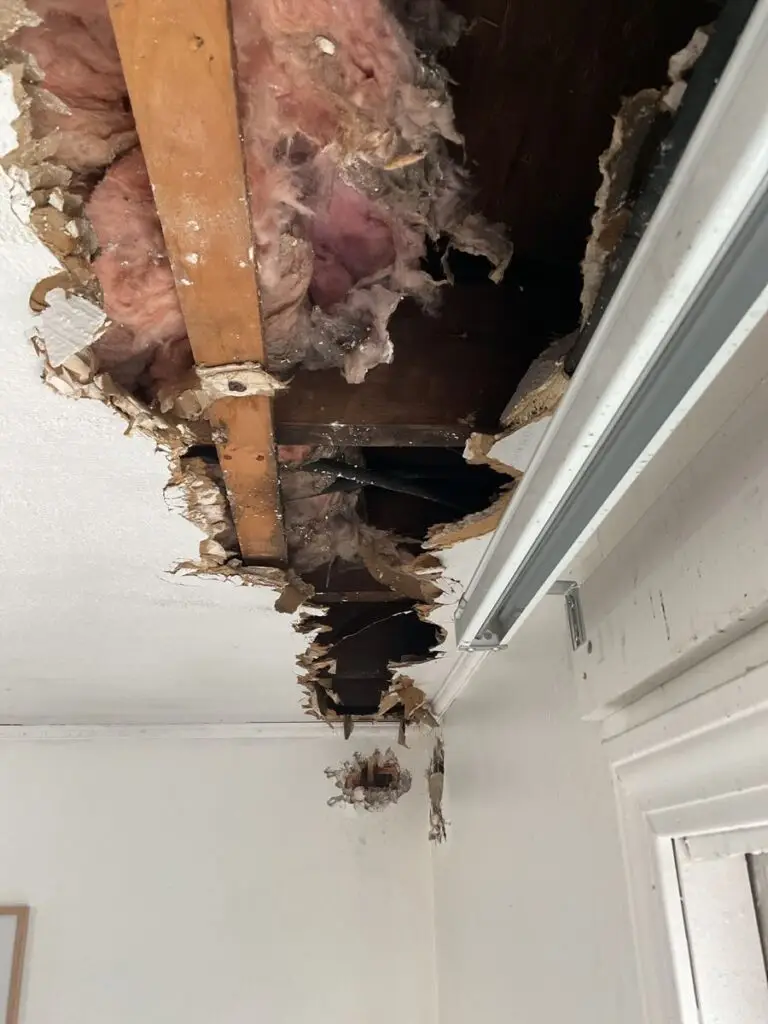 An image showing extensive damage to the ceiling and walls of a building's interior. The ceiling appears to be partially collapsed, with large holes and exposed insulation materials.