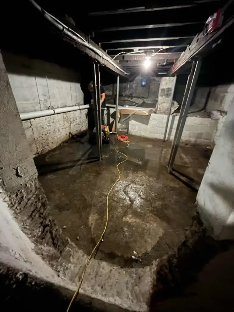 A dark, flooded basement with debris and equipment visible, showing the need for a sump pump.