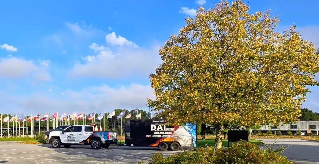 A pickup truck with the DAT logo and graphics parked in a lot surrounded by trees and flags.