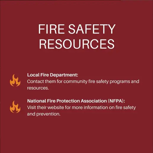 Infographic outlining fire safety resources including local fire departments and the NFPA.