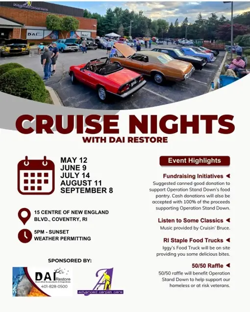 Flyer for DAI Cruise Nights including the upcoming dates and event highlights
