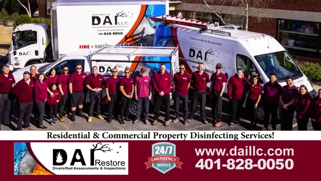 DAI Restore team stands together in front of several logo service vehicles