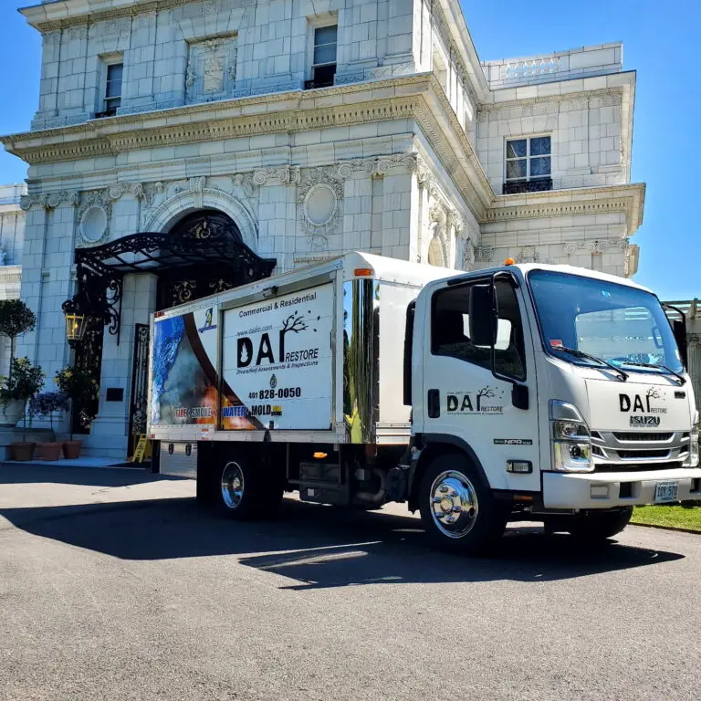 DAI Restore service truck parked in front of a large historic white stone mansion with ornate architectural details and a wrought-iron entryway, on a bright sunny day.