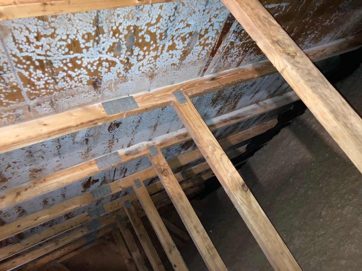 The image shows the interior of a wooden structure, with visible beams and joists and a surface that appears to be heavily stained and discolored.