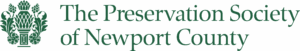 The Preservation Society of Newport County logo, featuring a heraldic crest with leaves, flowers, and architectural elements in green and white colors.