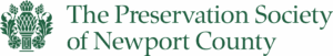 The Preservation Society of Newport County logo, featuring a heraldic crest with leaves, flowers, and architectural elements in green and white colors.