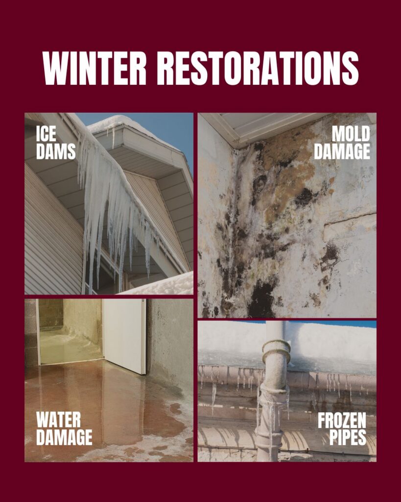 Winter home damage examples including ice dams, mold, basement flooding, and frozen pipes repaired by DAI Restore restoration services.