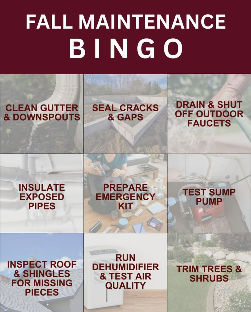 An image displaying a bingo board with fall property maintenance tasks to accomplish around your property.